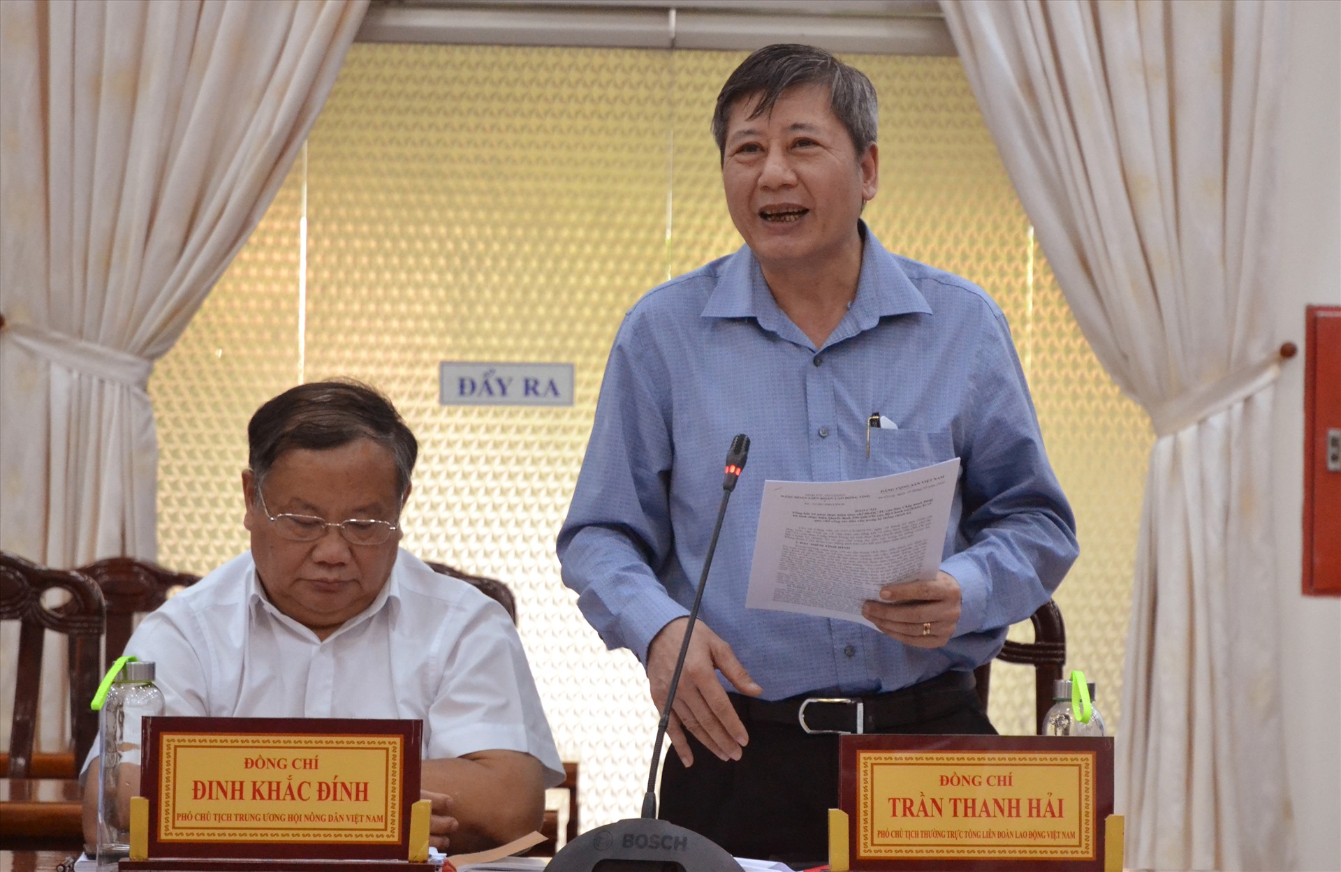 Phó Chủ tịch Thường trực Tổng LĐLĐ Việt Nam Trần Thanh Hải phát biểu tại buổi lầm việc. Ảnh: LT