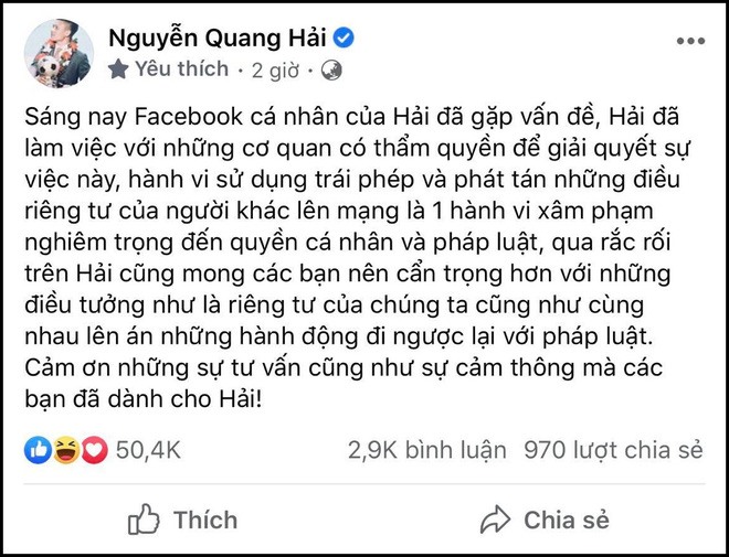 Quang Hải cho biết đã làm việc với cơ quan chức năng để giải quyết vụ việc. Ảnh chụp màn hình trang Facebook cá nhân.