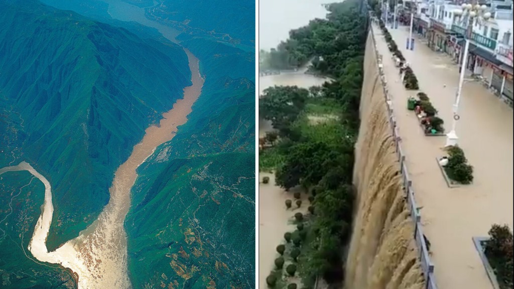 Đập Tam Hiệp (trái) và lũ lụt ở Trùng Khánh. Ảnh: Getty/Twitter
