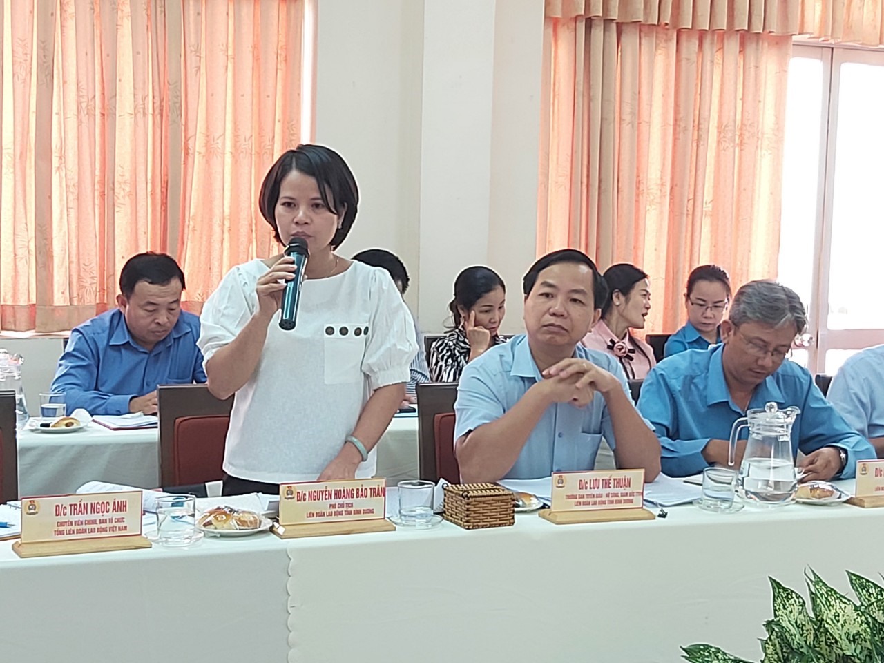 Bà Nguyễn Hoàng Bảo Trân, Phó Chủ tịch LĐLĐ tỉnh Bình Dương, phát biểu tại buổi làm việc. Ảnh Nam Dương
