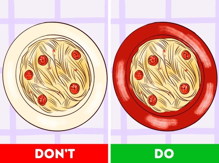 5. Mua một bộ đĩa màu.  Nghiên cứu này cho thấy rằng có sự tương phản màu sắc giữa thực phẩm và đĩa của bạn là chìa khóa để khiến bạn phục vụ bản thân ít hơn. Mặc dù lý do chưa hoàn toàn rõ ràng, nhưng nghiên cứukhác cho thấy những người ăn từ đĩa đỏ tiêu thụ ít tổng thể, không phụ thuộc vào màu sắc của thực phẩm.