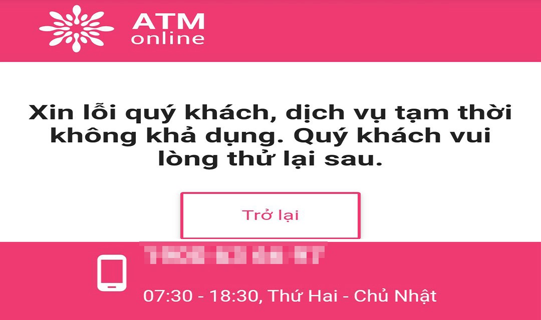 App ATM online  bất ngờ ngưng hoạt động ngay sau Báo Lao Động đăng bài phản ánh. Ảnh: Chụp màn hình ATM online.