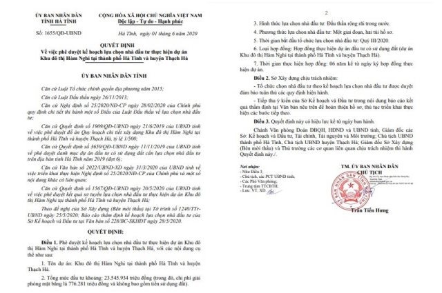 Quyết định phê duyệt kế hoạch lựa chọn nhà thầu cho Dự án Khu đô thị Hàm Nghi của UBND tỉnh Hà Tĩnh