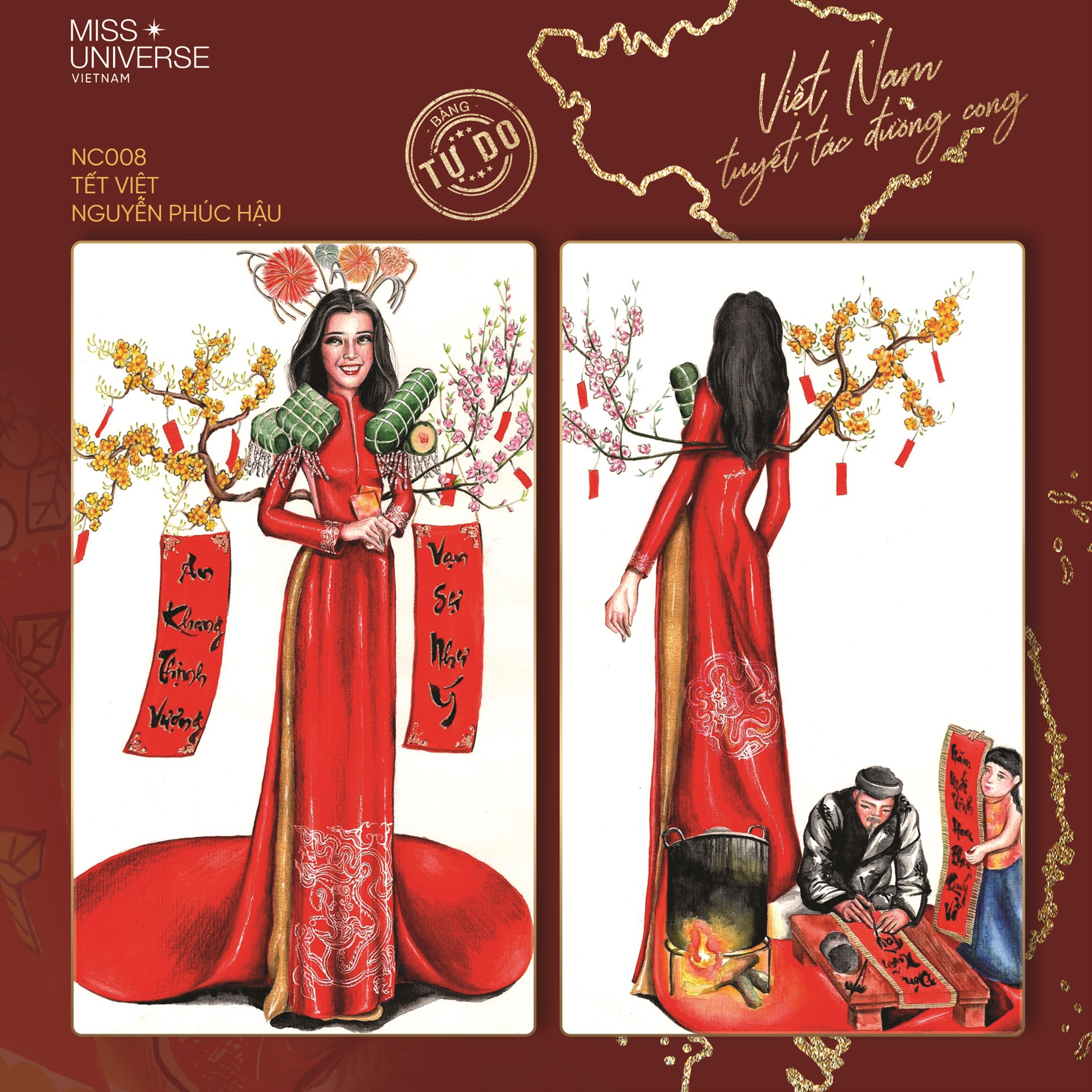 Bộ trang phục “Tết Việt” được lấy ý tưởng từ bánh tét, hoa mai. Ảnh: MUVN.