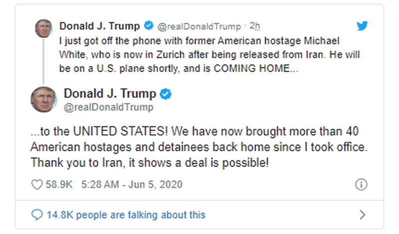 Tổng thống Donald Trump viết trên Twitter cảm ơn Iran.