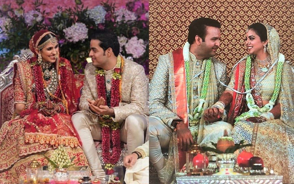 Cặp song sinh của tỉ phú Ambani đều đã kết hôn. Trong ảnh là Akash Ambani và vợ Shloka (trái) và Isha Ambai và chồng - Anand (phải). Ảnh: SCMP.
