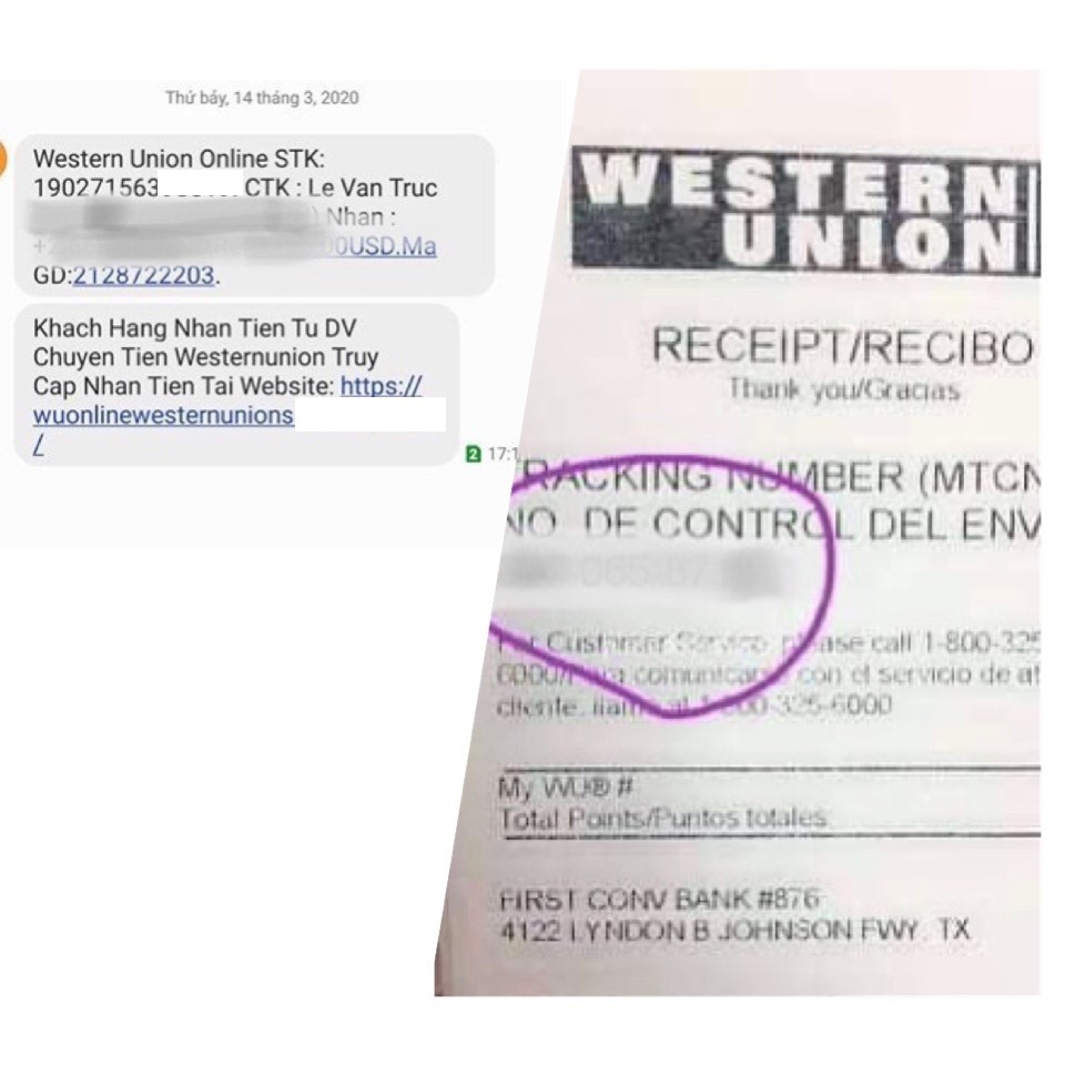 Các đối tượng lừa đảo giả lập một hóa đơn, chứng từ tiếp nhận tiền của dịch vụ chuyển tiền quốc tế Western Union rồi gửi tin nhắn hình ảnh cho bị hại. Hình: Công an cung cấp