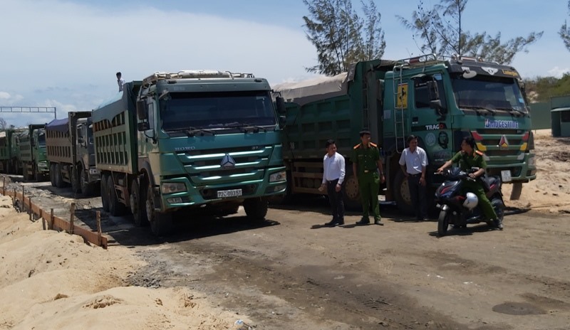 10 xe tải của Công ty Free Land bị cơ quan chức năng bắt giữ vì khai thác cát lậu. Ảnh: Nguyên Dũng