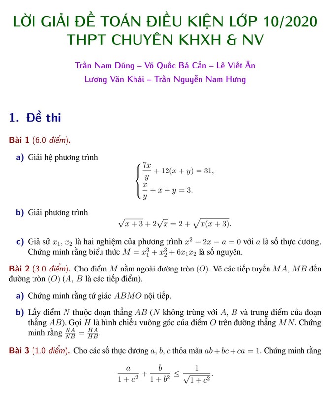 Đề thi, đáp án môn Toán thi vào lớp 10 trường chuyên ở Hà Nội