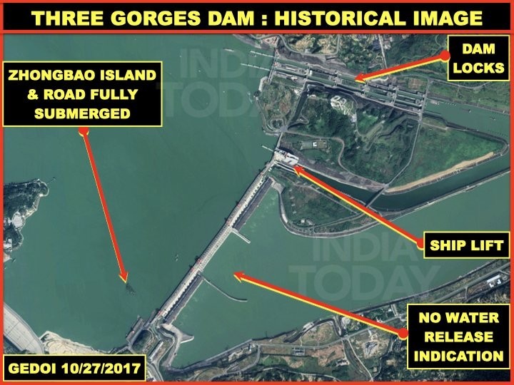 Ảnh vệ tinh ngày 9.7.2020 cho thấy tất cả các cửa xả lũ của đập Tam Hiệp đều mở. Ảnh: India Today