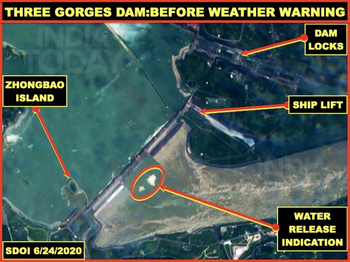 Ảnh vệ tinh ngày 24.6.2020 cho thấy tất cả các cửa xả lũ của đập Tam Hiệp đều mở. Ảnh: India Today