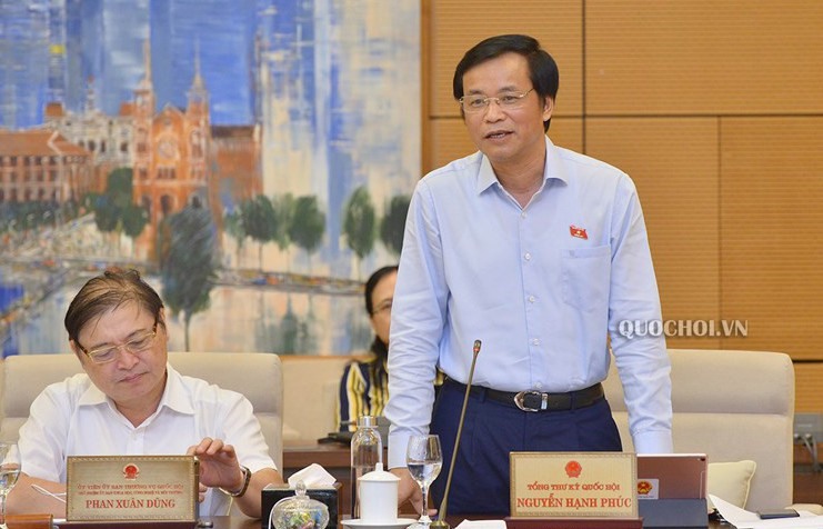 Tổng Thư ký Quốc hội Nguyễn Hạnh Phúc phát biểu tại phiên họp 46. Ảnh Quochoi.vn