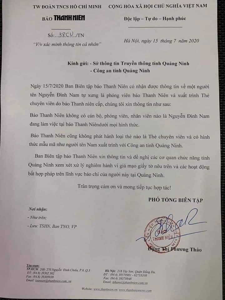 Văn bản đề nghị xác minh đối tượng mạo danh phóng viên, chuyên viên của Báo Thanh Ninh gửi cơ quan chức năng tỉnh Quảng Ninh. Ảnh: CAQN