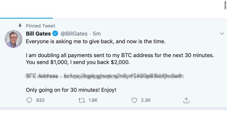 Người phát ngôn của tỉ phú Bill Gates đã lên tiếng về bài đăng sau khi tài khoản Twitter của ông bị hack. Ảnh: CNN.