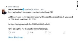 Tài khoản Twitter của ông Barack Obama bị hack. CNN đã làm mờ một phần hình ảnh trong tweet mà hacker đăng trên tài khoản cựu tổng thống Mỹ. Ảnh: CNN.