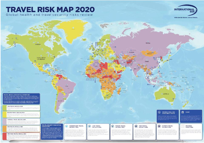 Bản đồ rủi ro du lịch 2020 do International SOS đưa ra. Ảnh: Forbes