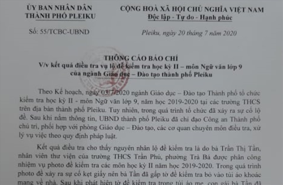 Thông báo kết quả điều tra của UBND TP Pleiku. Ảnh TT