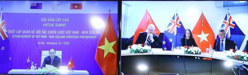 Thủ tướng Nguyễn Xuân Phúc và Thủ tướng Jacinda Ardern đồng chủ trì hội đàm cấp cao thiết lập quan hệ Đối tác Chiến lược Việt Nam - New Zealand. Ảnh: Bộ Ngoại giao