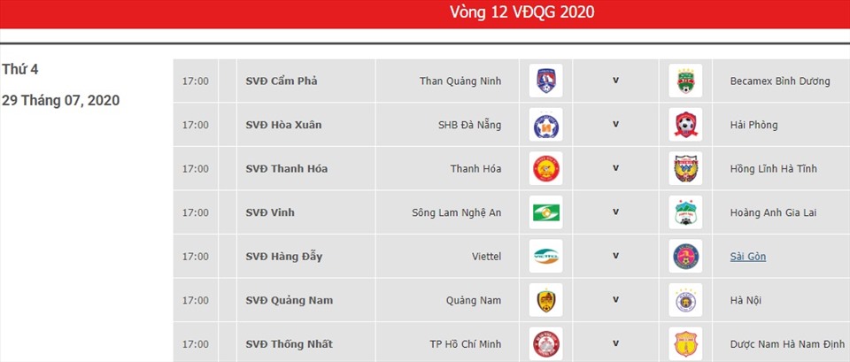 Lịch thi đấu vòng 12 V.League 2020. Ảnh: VPF.