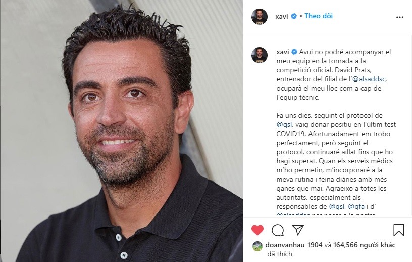 Xavi thông báo nhiễm COVID-19. Ảnh: Instagram