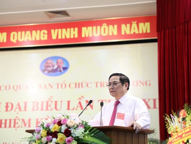 Ông Phạm Minh Chính - Uỷ viên Bộ Chính trị, Bí thư Trung ương Đảng, Trưởng Ban Tổ chức Trung ương phát biểu tại Đại hội. Ảnh Ngọc Anh