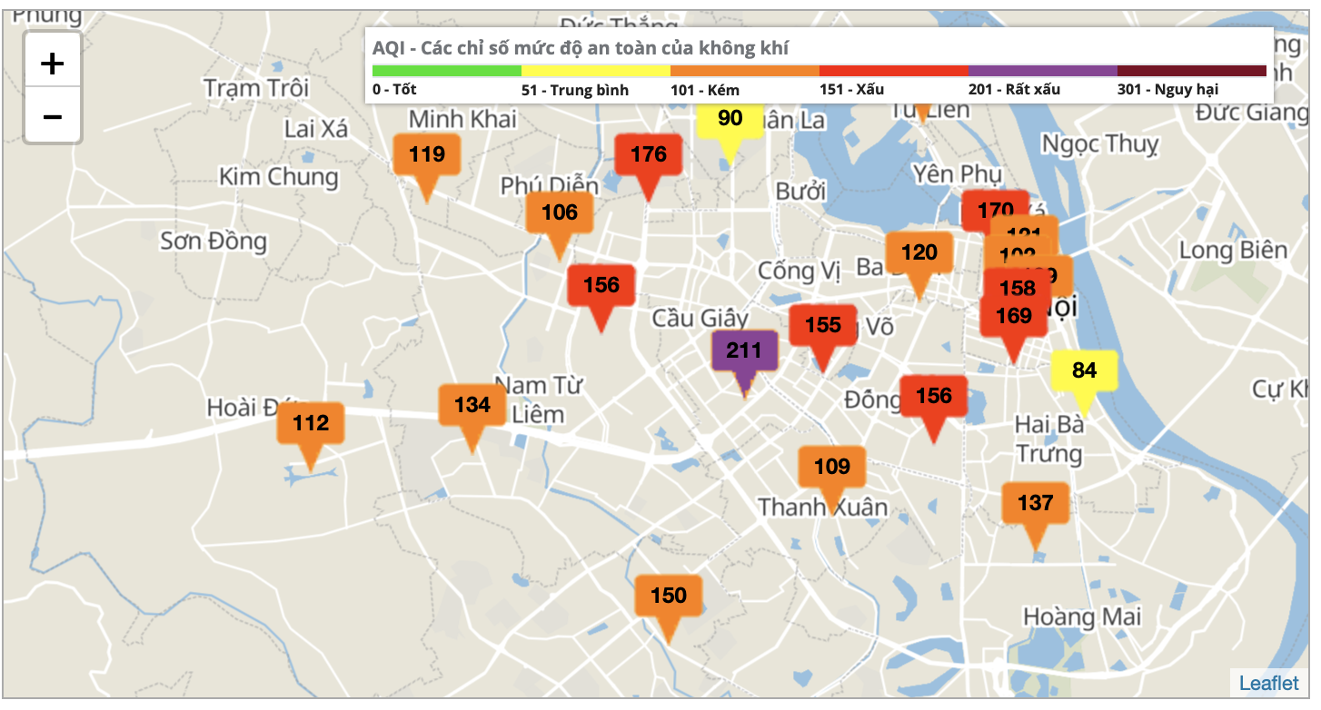 Các điểm đo chỉ số chất lượng không khí trên cổng quan trắc chất lượng không khí của UBND thành phố Hà Nội sáng 28.7.