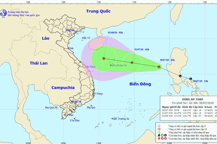 Vị trí và hướng đi của áp thấp nhiệt đới. Nguồn: NCHMF