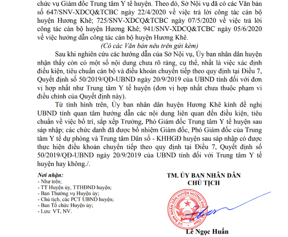 Văn bản lần thứ 3 UBND huyện Hương Khê xin hướng dẫn điều kiện, tiêu chuẩn bổ nhiệm Giám đốc Trung tâm Y tế. Ảnh: TT.