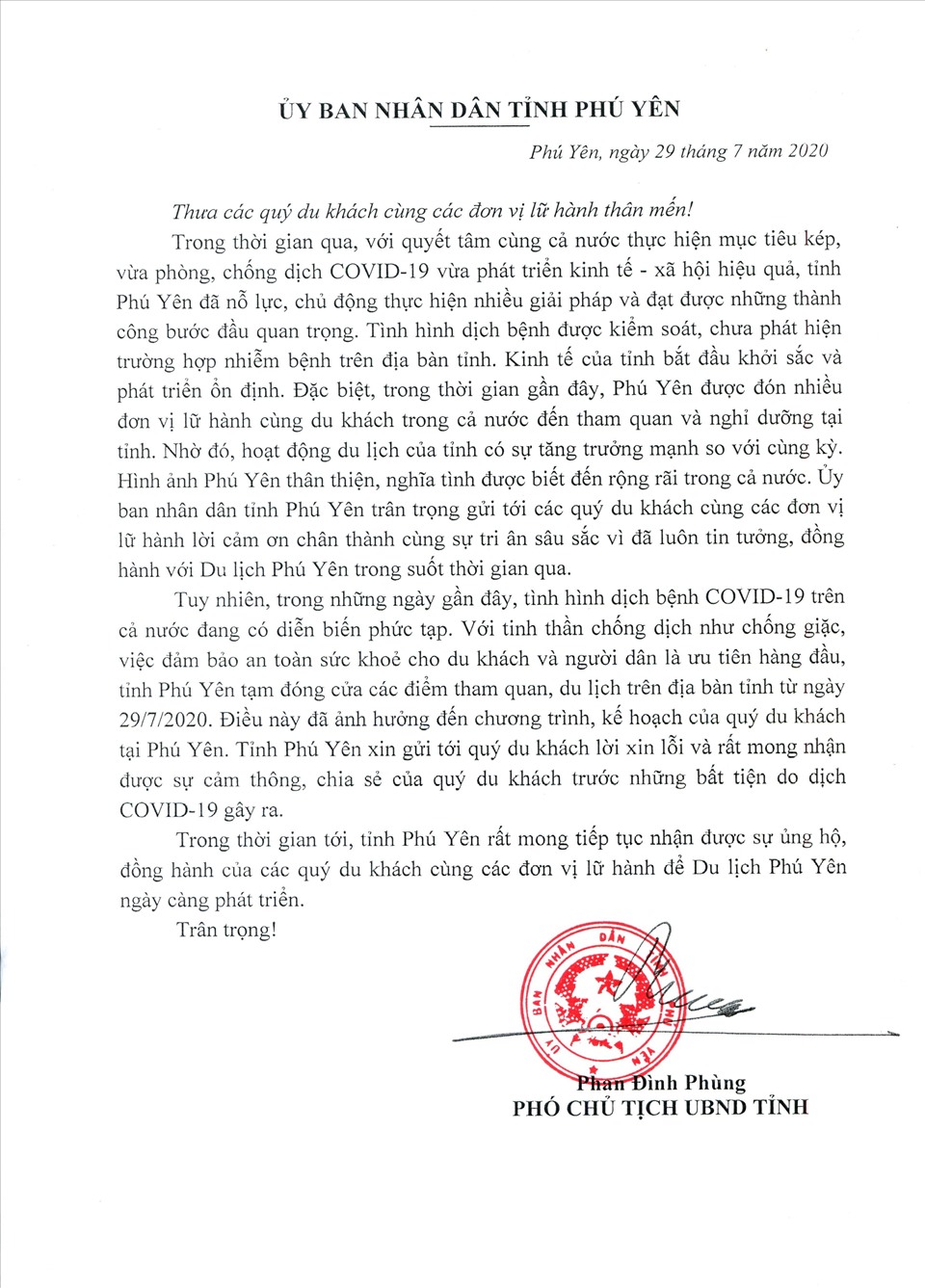 Thư của lãnh đạo tỉnh Phú Yên gửi du khách và các đơn vị lữ hành. Ảnh: Nhã Uyên