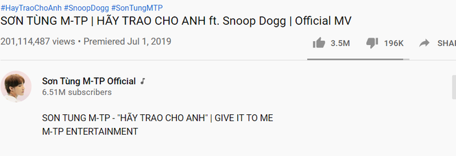 Hiện tại Hãy trao cho anh của Sơn Tùng M-TP vẫn top 1 MV có lượt like cao nhất YouTube. Ảnh: Chụp màn hình