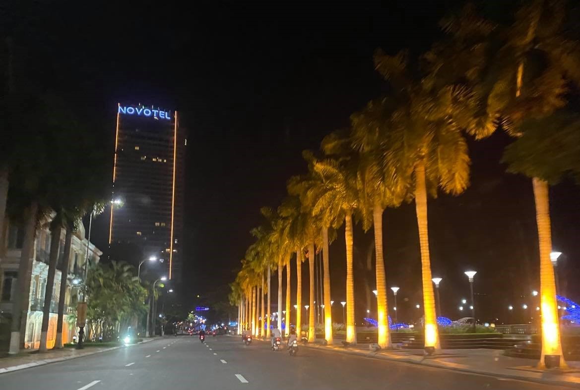 Một hàng cây trên đường Bạch Đằng - Đà Nẵng được đèn led trang trí chiếu sáng (ảnh T.H)