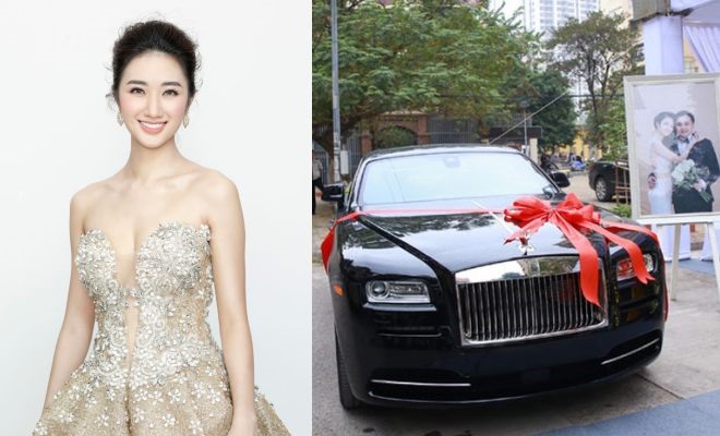 Hoa hậu Thu Ngân hạnh phúc khi được ông xã tặng Rolls-Royce Wraith 30 tỉ. Ảnh: NSCC