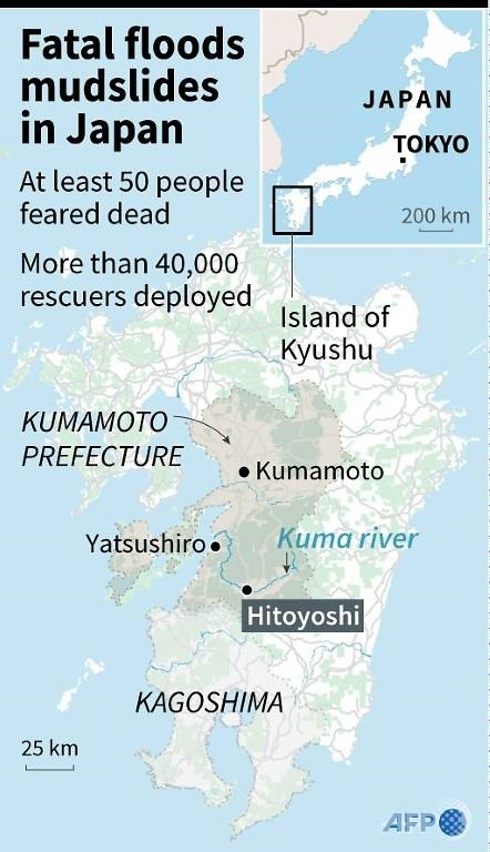 Bản đồ các khu vực hiện đang bị lũ lụt và lở đất chết người do mưa lớn tại Nhật Bản. Ảnh: AFP