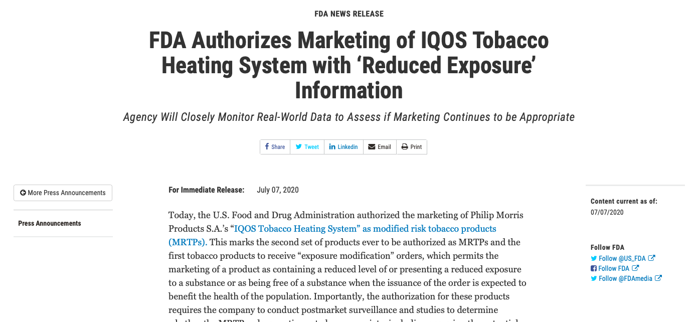FDA vừa qua cho phép sản phẩm IQOS được kinh doanh như là Sản phẩm thuốc lá điều chỉnh nguy cơ – Giảm thiểu phơi nhiễm (MRTP). Ảnh: FDA.