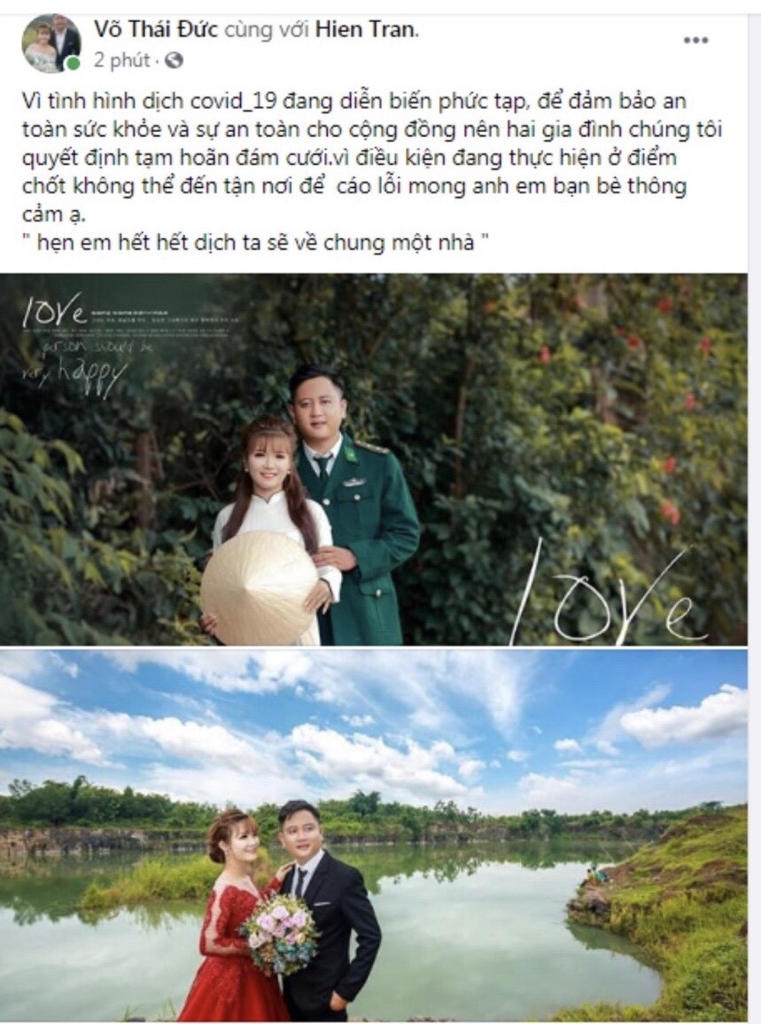 Thông báo hoãn cưới trên Facebook của anh Võ Thái Đức. Ảnh: Thắng Trân.
