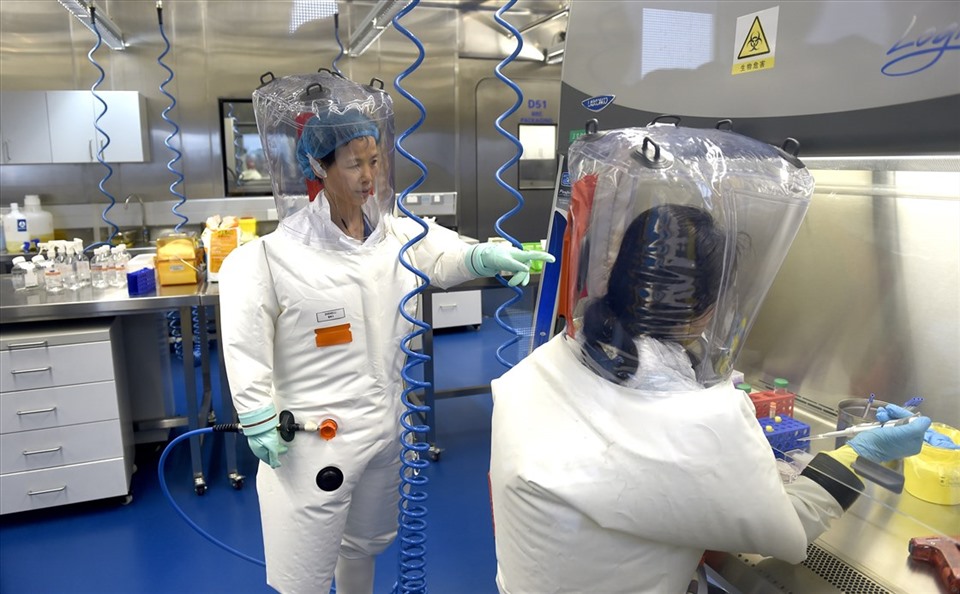 Các nhà khoa học Trung Quốc đang làm việc trong phòng thí nghiệm BSL-4 tại Viện Virus học Vũ Hán. Các kỹ thuật viên được đào tạo ở Lyon, Pháp và ít nhất 2 trong số các kỹ thuật viên được đào tạo ở Galveston, Texas, Mỹ, theo phòng thí nghiệm. Ảnh: NBC News.