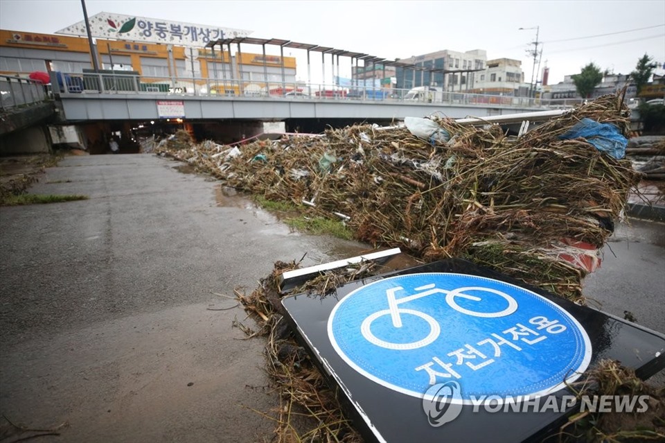 Biển báo bị đổ sau những trận mưa lớn ở tỉnh Nam Jeolla, Hàn Quốc vào ngày 10.8. Ảnh: Yonhap