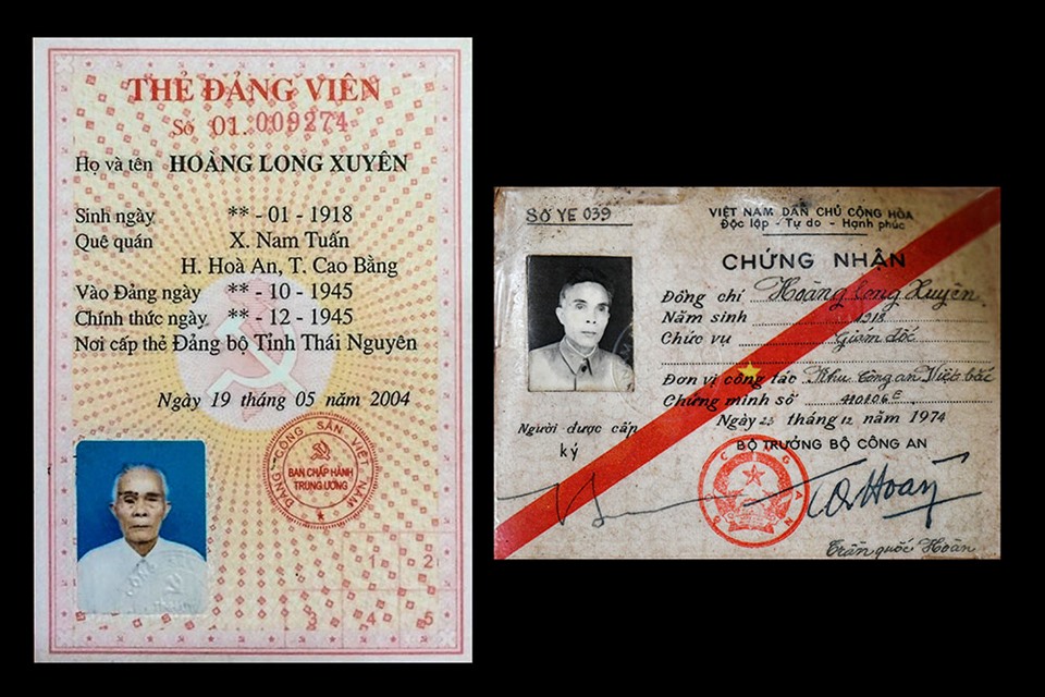 Giấy chứng nhận năm 1974 của Bộ Công an và tấm thẻ Đảng ông Hoàng Long Xuyên mới đổi năm 2004 luôn được cất giữ cẩn thận.