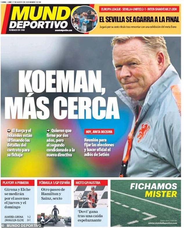 Trang bìa tờ Mundo Deportivo, dự đoán Koeman sẽ ngồi ghế nóng ở Nou Camp.