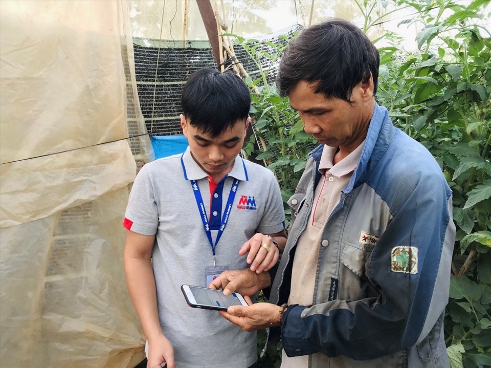 Với sự hướng dẫn của kỹ sư MM, nông dân Thân Đình Tuyển sử dụng phần mềm Nhật ký điện tử thay thế ghi chép viết tay.
