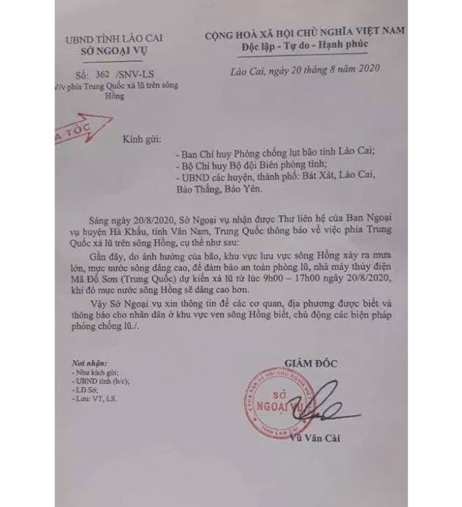 Văn bản thông báo của Sở Ngoại vụ Lào Cai. Ảnh: VTC.