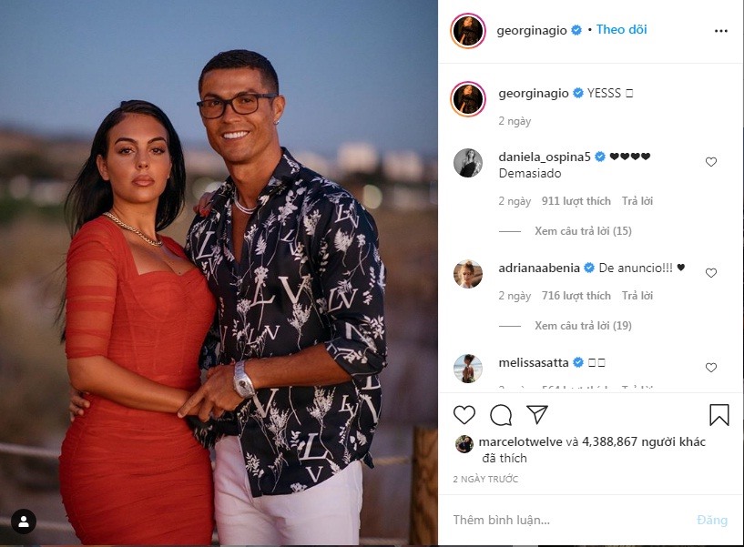 Bức ảnh và câu “Đồng ý” làm dấy lên đồn đoán về việc Cristiano Ronaldo đã cầu hôn bạn gái. Ảnh: Instagram