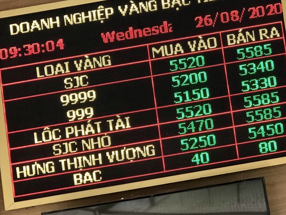 Giá vàng được công bố tại một doanh nghiệp vàng sáng 26.8. Ảnh: Khánh Linh.