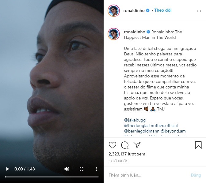 Chia sẻ của Ronaldinho trên Instagram. Ảnh: Instagram