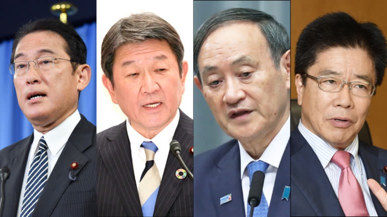 Từ trái qua phải là ông Kishida, Motegi, Suga và Kato - những người được Thủ tướng Nhật Bản Abe Shinzo đề cập trong cuộc phỏng vấn, theo Nikkei. Ảnh: Nikkei.