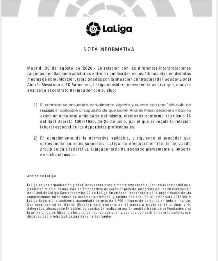 Thông báo của La Liga. Ảnh: La Liga