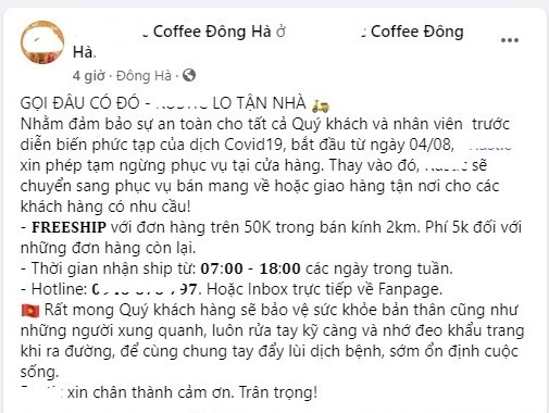 Thông báo tạm ngưng phụ vụ tại của hàng trên fanpage một số quán cà phê tại TP Đông Hà