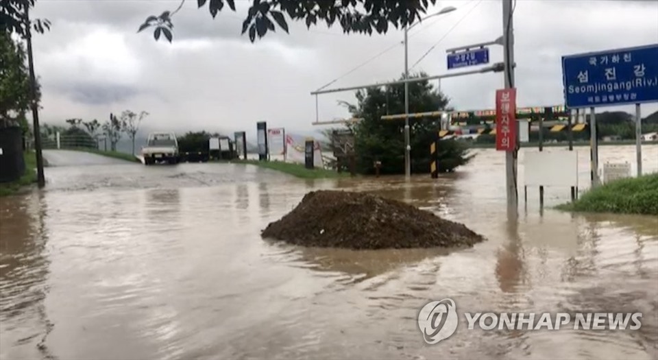 Sông Seomjin tràn bờ tại Gurye, tỉnh Jeolla Nam hôm 8.8. Ảnh: Yonhap.