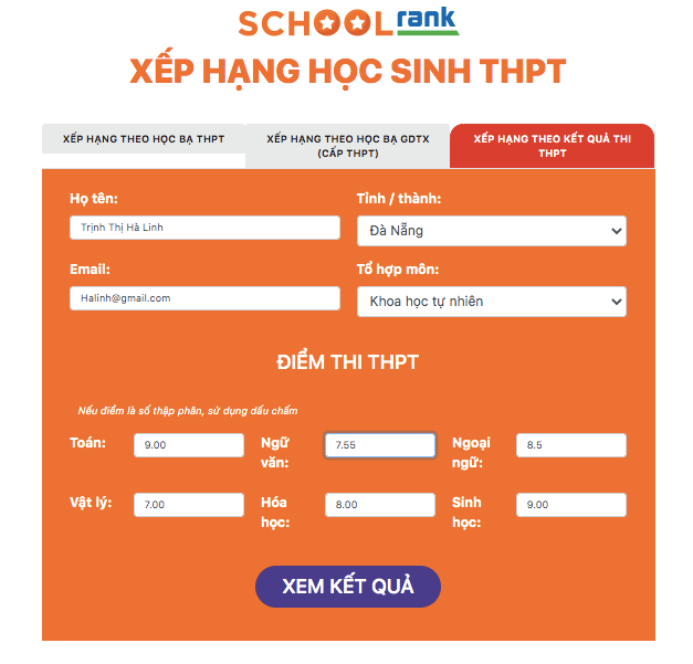 Giao diện trang Xếp hạng học sinh THPT SchoolRank với tính năng xếp hạng theo điểm Tốt nghiệp THPT. Ảnh: Minh Khang