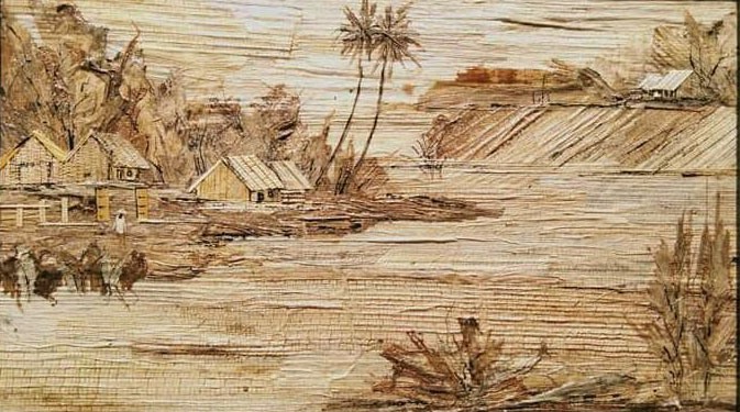Hình ảnh làng quê với những hàng dừa bên dòng sông được tái hiện sinh động qua tranh làm bằng chất liệu bẹ chuối. Ảnh: N.A